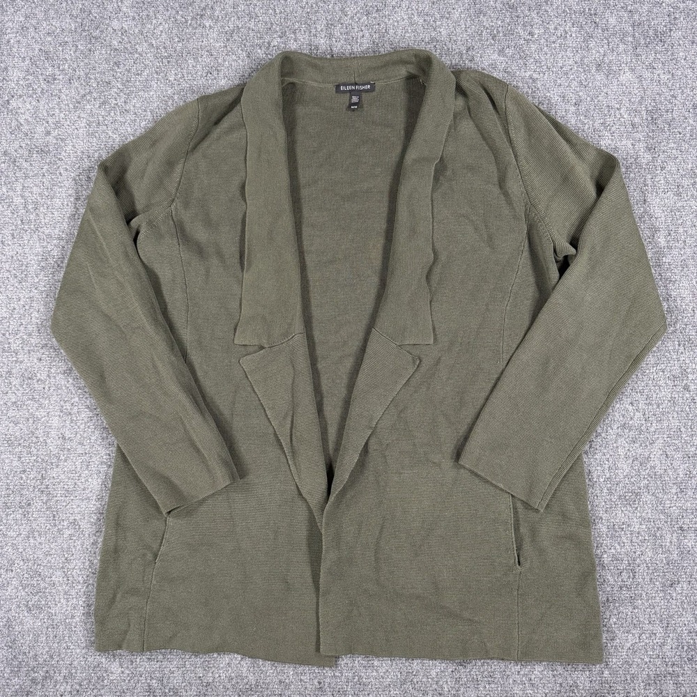Eileen Fisher Silk Cotton Cardigan Sweater Medium Green Open‎ Front Organic